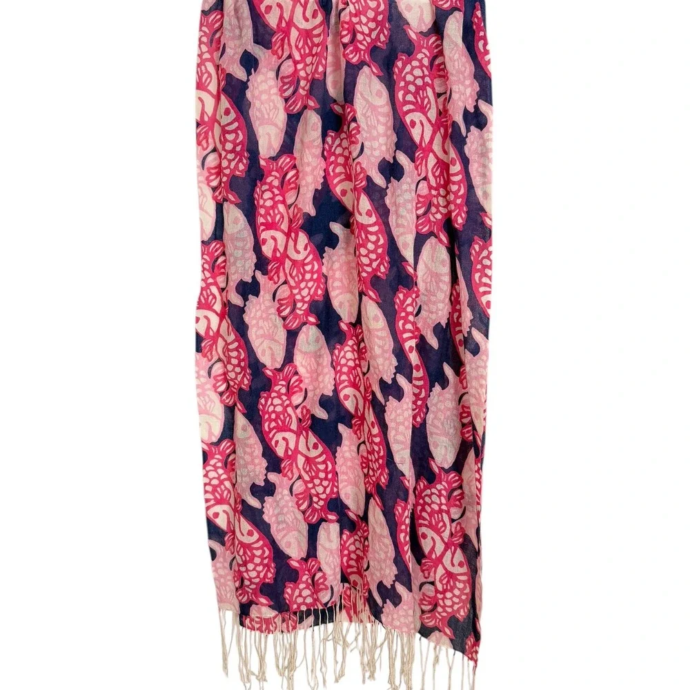Lilly Pulitzer Murfee Scarf Pink Navy Blue Fish Print Silk Cashmere Coastal Prep